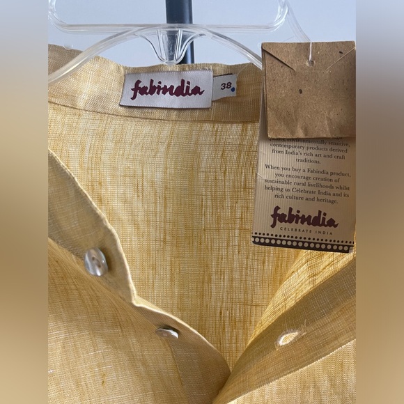 NWT FABINDIA Men 100% Linen Woven Nehru Kurta Mustard Yellow Festive Large Sz 40 - Picture 14 of 16